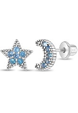 felicitous silver blue cubic zirconia moon and star baby birthstone earrings